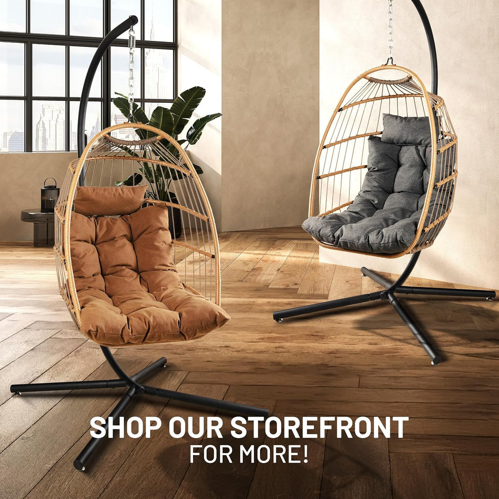 SereneLife Hanging Egg Chair w/Stand - Wicker Rattan Swing, Padded Cushion | Foldable Design, Weather-Resistant Cushion & Padded Headrest Included, 350 lb Capacity, Great for Patio, Backyard & Bedroom.
