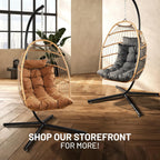 SereneLife Hanging Egg Chair w/Stand - Wicker Rattan Swing, Padded Cushion | Foldable Design, Weather-Resistant Cushion & Padded Headrest Included, 350 lb Capacity, Great for Patio, Backyard & Bedroom.