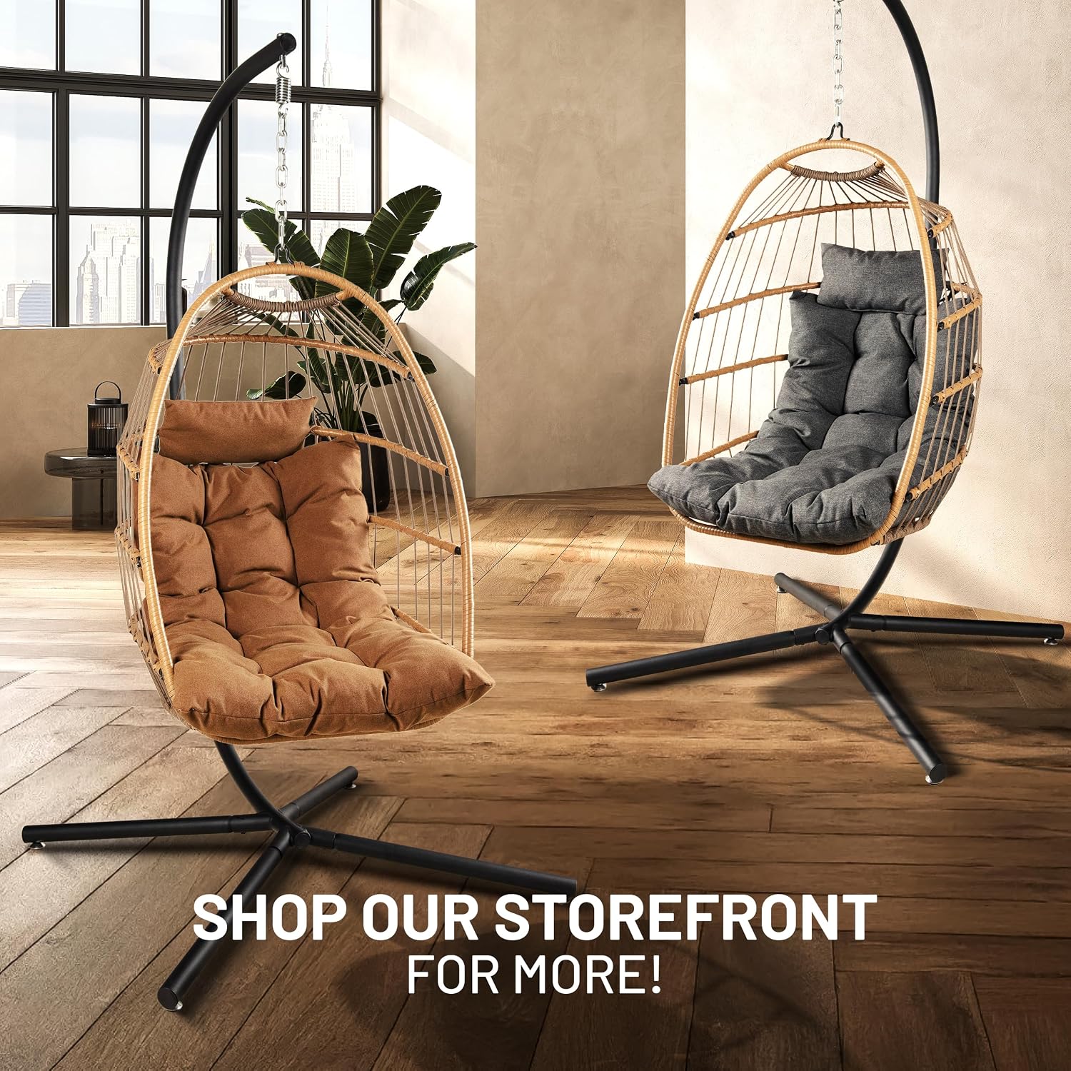 SereneLife Hanging Egg Chair w/Stand - Wicker Rattan Swing, Padded Cushion | Foldable Design, Weather-Resistant Cushion & Padded Headrest Included, 350 lb Capacity, Great for Patio, Backyard & Bedroom.