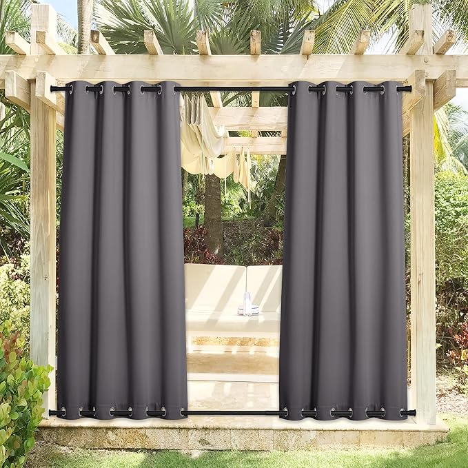 NICETOWN 2 Panels Outdoor Curtains Weighted Sunblock with Rustproof Grommet Top and Bottom, Thermal Insulated Fixed Windproof Blackout Outdoor Curtain Drapes Privacy for Patio, W52 x L95, Grey