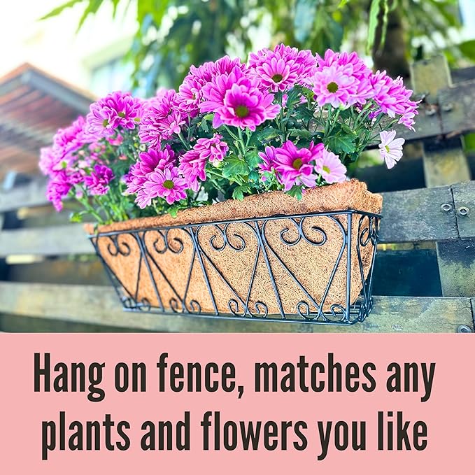 LaLaGreen Wall Planters - 2 Pack, 16 Inch Window Flower Boxes Outdoor, Deck Railing Hanging Metal Wire Basket Black with Coco Liners Horse Troughs Fence Balcony Garden Farmhouse Patio Porch Over Rail