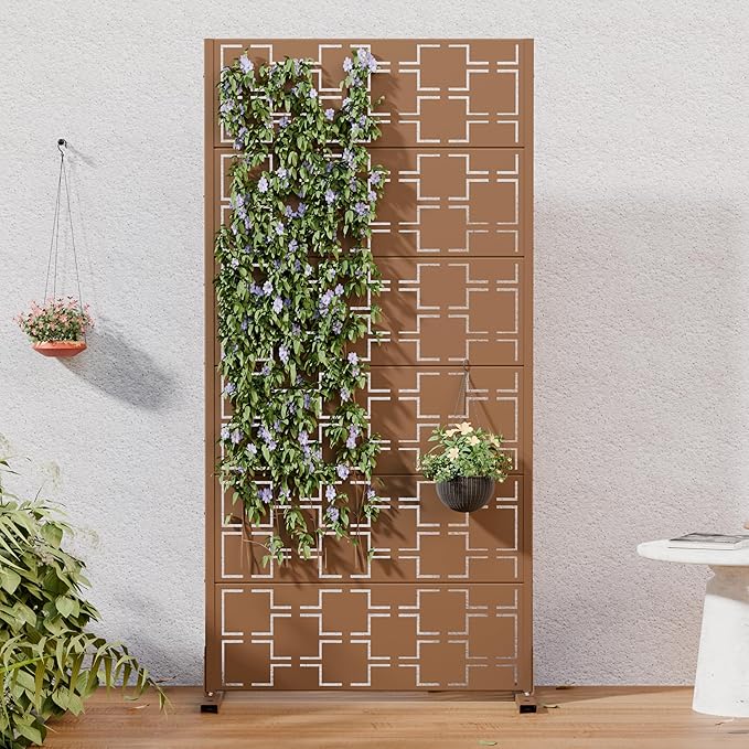 Casaphoria Metal Privacy Screen Outdoor, 72" H x 35" W Freestanding Decorative Privacy Screen for Patio Deck Balcony Garden with Stable Base, Brown-Square