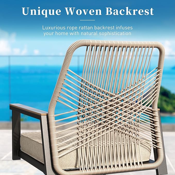 Patio Dining Set 7 Piece, 6 x Woven Rattan Swivel Chairs with Waterproof Cushion, 54” Metal Round Dining Table with Umbrella Hole, Outdoor Table and Chairs Set for Backyard Lawn and Deck,Beige