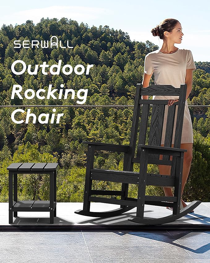 SERWALL Outdoor Rocking Chair Set of 6, Patio Rocking Chair Sets, HDPE Rocking Chair for Adults, Black