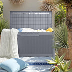JUMMICO 100 Gallon Resin Deck Box, Waterproof Outdoor Storage Box with Lockable Lid for Garden Tools, Patio Cushions (Gray)