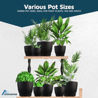 Black Plant Pots with Drainage Holes & Saucers 15 Pack, Indoor & Outdoor Stackable Space-Saving Planters for Houseplants & Flowers, (7", 6.7", 6", 5.3", and 4.8" Inches), Durable & Weatherproof