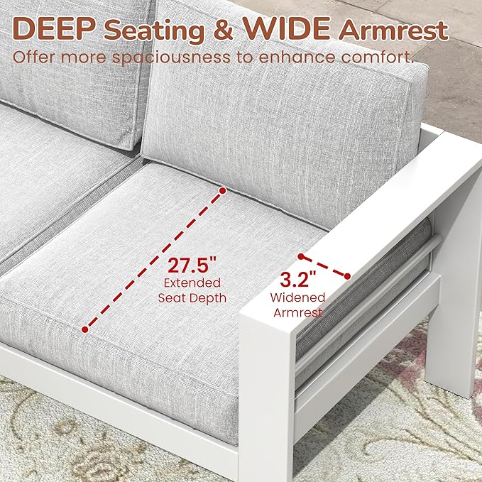 Solaste Outdoor Couch Aluminum Patio Furniture Sofa, 3-Seat All-Weather Metal Outdoor Patio Furniture with Cushions,Light Grey