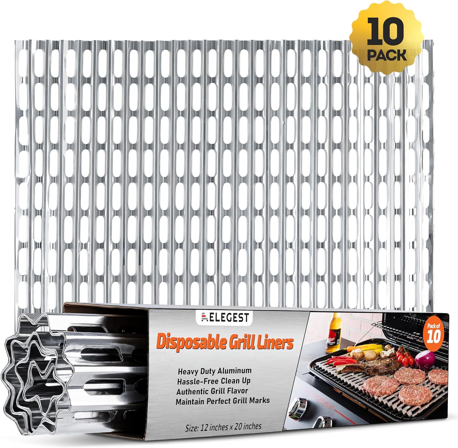 Disposable Aluminum Grill Liners & Grill Toppers | Heavy-Duty, Tear & Heat Resistant BBQ Foil Sheets | Perfect for Public Park Grills, Outdoor BBQ, Camping & Tailgating | 12 x 20 Size, 10-Pack