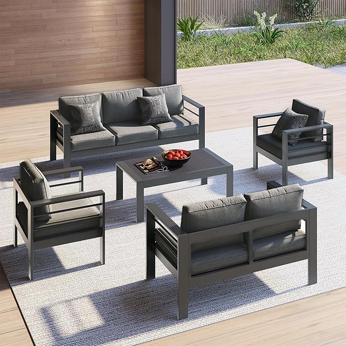 Kiss the Water Outdoor Patio Metal Furniture Chair, 2 PCS All-Weather Aluminum Outdoor Sofa with 5" Thick Soft Cushion and Wide Arm, Deep Seating Patio Couch for Balcony, Porch, Backyard