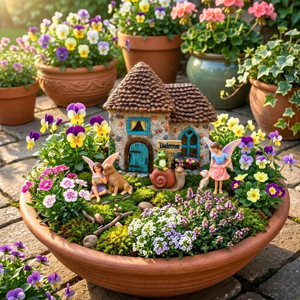 Fairy Garden House Kit & Sign | Hand-painted resin pinecone roof design; 2 fairies included; door opens; 6 inches high; outdoor indoor miniature decor