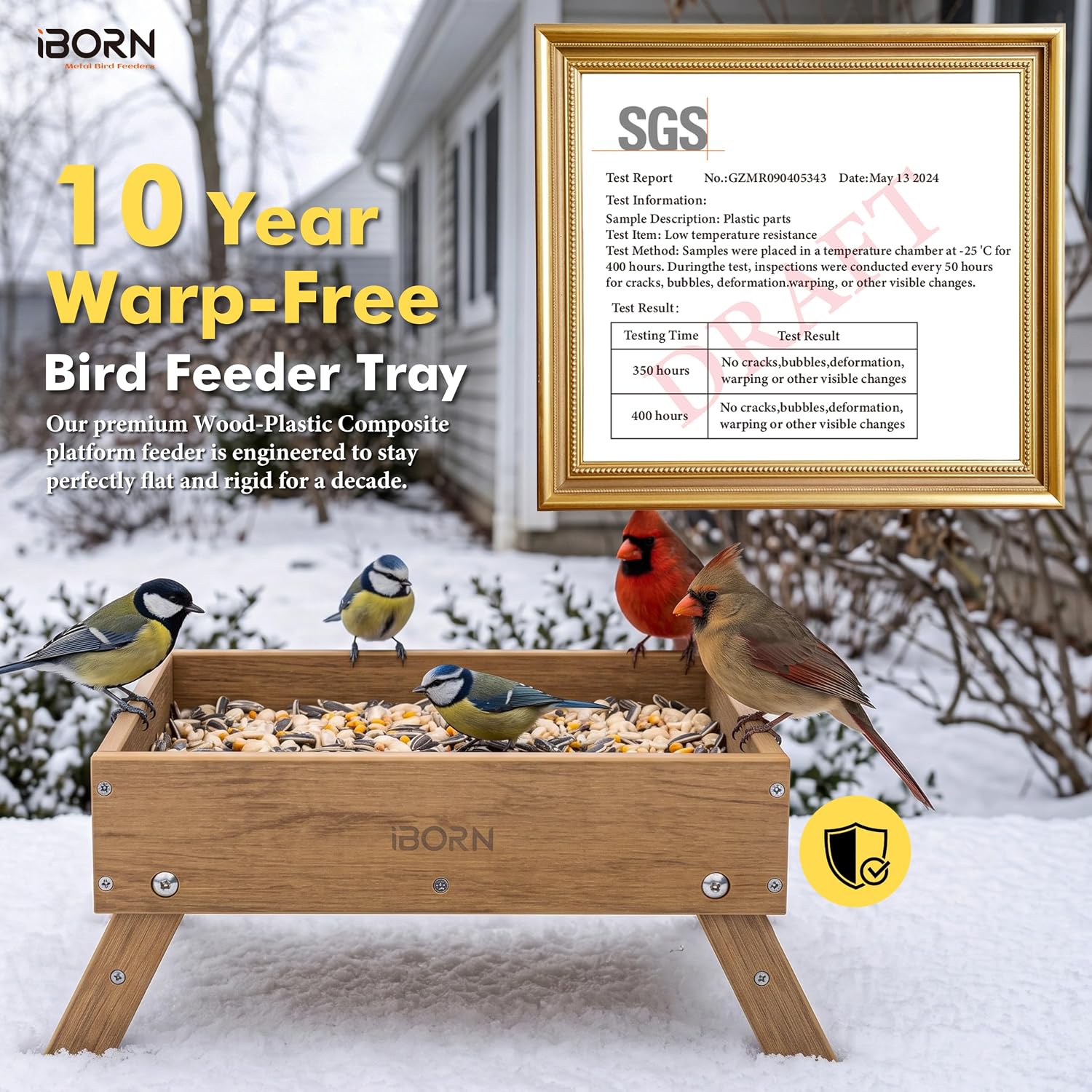 iBorn Ground Bird Feeder, Bird & Squirrel Platform Feeder for Outdoors, WPC Recycled Plastic, 3LB Large Capacity, Raw
