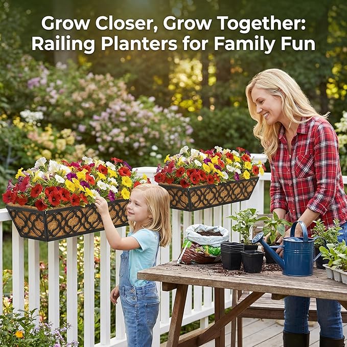 HFHOME 24 Inch Window Deck with Coco Liner, 24" Window Boxes Horse Trough with Coconut Coir Liner, Black Metal Hanging Flower Planter Basket Railing Planter for Outdoor Indoor Lawn - 2 Pack