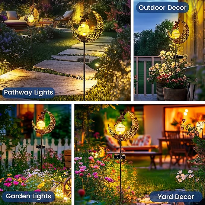 Fairy Garden Solar Lights Outdoor Moon Stakes, Waterproof Outdoor Metal Decor Gifts for Women Mom, Art Moon Sculpture for Yard, Patio, Garden, Porch, 1 Pack