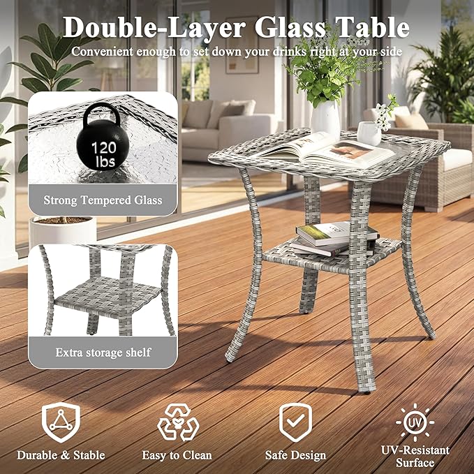 2-Seat Modern Patio Furniture Set with Swivel Rocking Chairs, Thick 4″ Cushions, Dual-Strand Wicker Rattan, Rust-Resistant Steel Frame – Outdoor Conversation & Modular Sectional,Gray