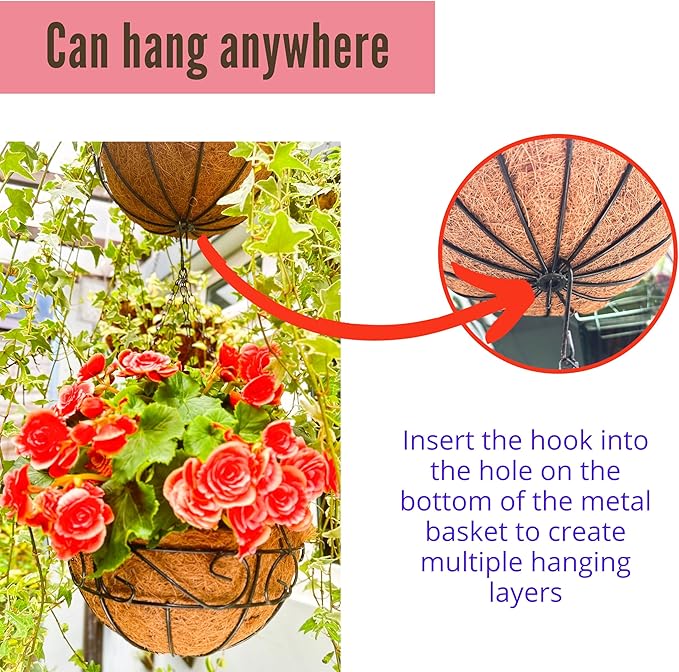 LaLaGreen Hanging Planter for Outdoor Plants (12 Inch, 6 Pack) Hanging Baskets with Coco Liner, Black Metal Wire Flower Basket Pots with Hook Hanger Balcony Porch Farmhouse Country Style Garden Decor