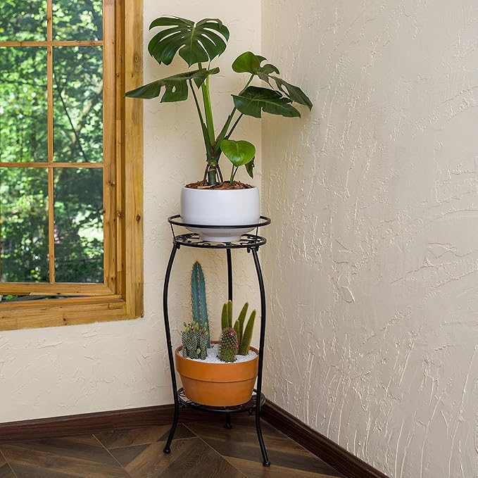 FaithLand 2 Pack Metal Plant Stands, Tall Planter Holder Indoor Outdoor, 2 Tier Round Potted Supports Rack, Corner Display Shelf Black