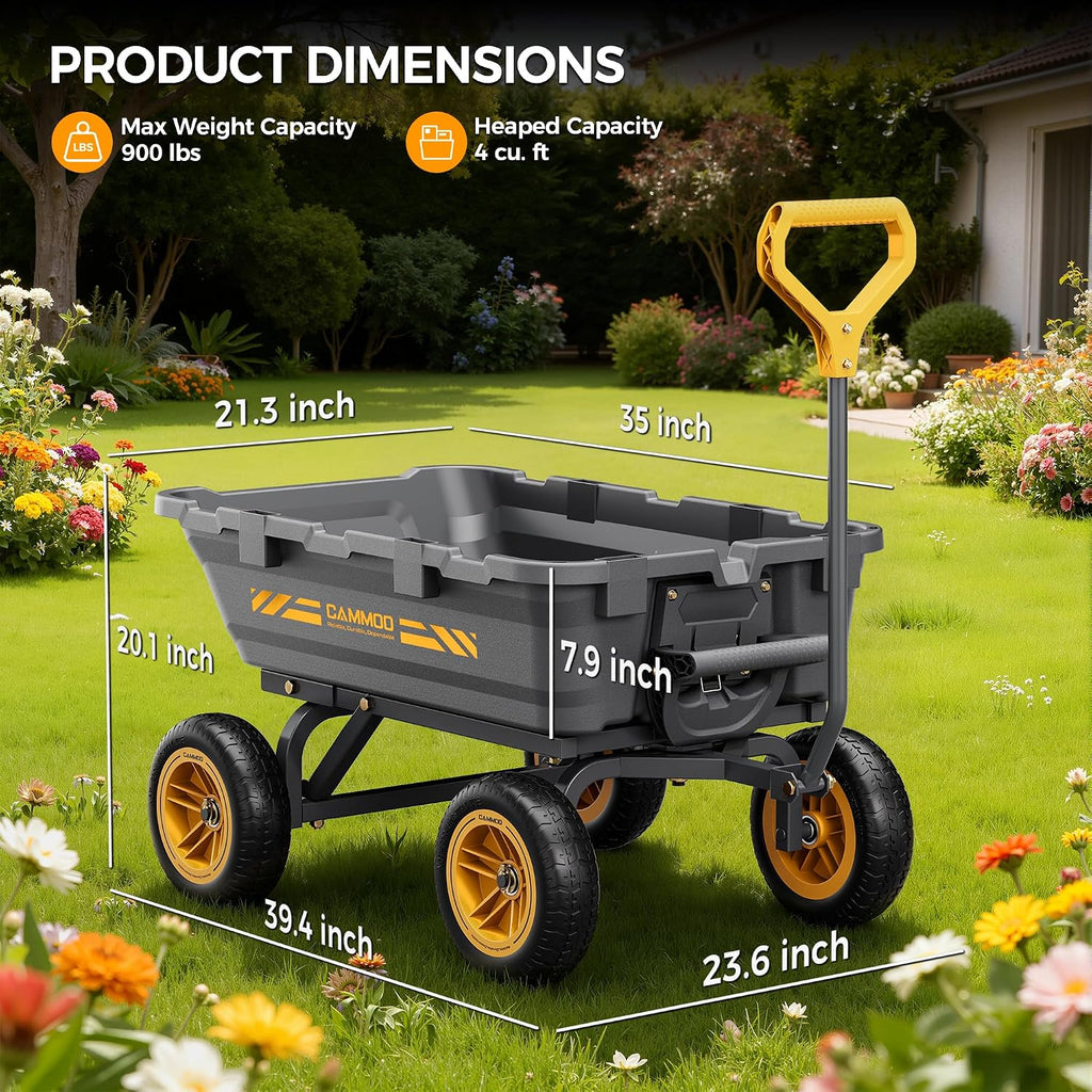 cammoo 10-in no-flat tires 900lb garden dump cart shown in use