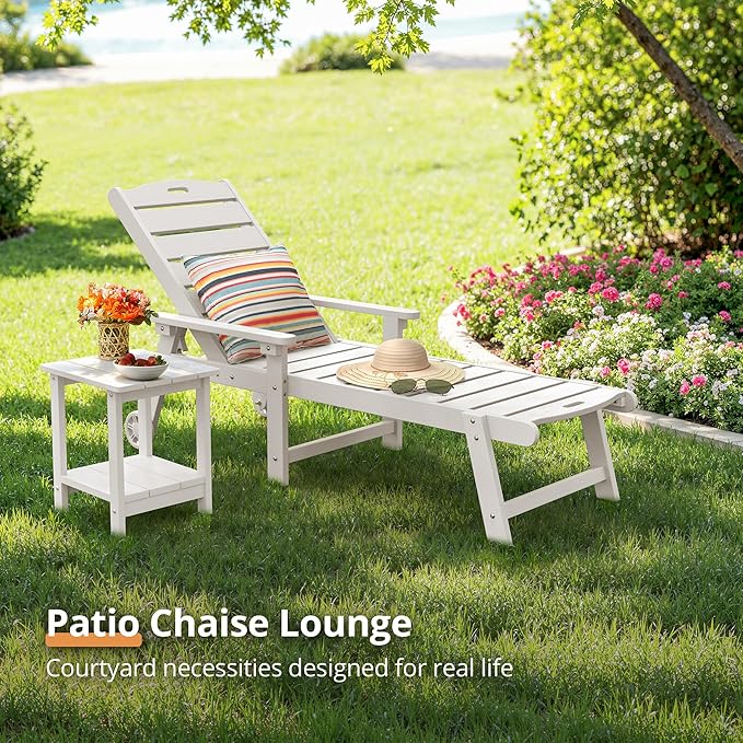 LUE BONA Chaise Lounge Chair with Table, 2-Piece, HDPS Chaise Lounger, 5 Positions Adjustable Lounge Chairs, Pool Lounge Chair with Wheels for Poolside, Backyard, White