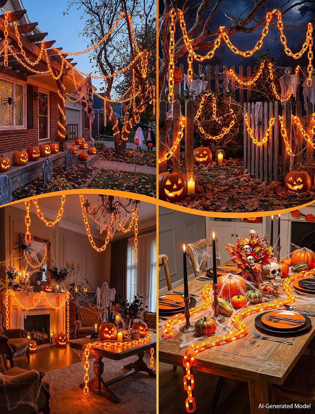 Solar Halloween Chain Lights, 10.4 FT 175 LED Orange Plastic Chain | String Lights with Remote, Waterproof Outdoor Spooky Glowing Halloween Decorations for Yard, Graveyard, Haunted House, Party