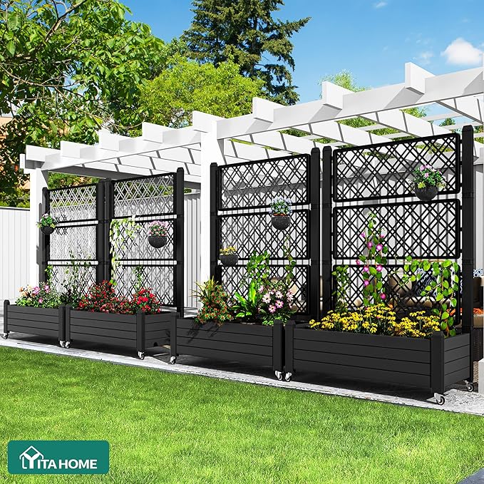 YITAHOME 43.3x17.7x61 in Planter Trellis Box with Wheels & Drain Plug, Outdoor Resin Raised Garden Bed for Climbing Plants, Large Weather-Resistant Design, Black