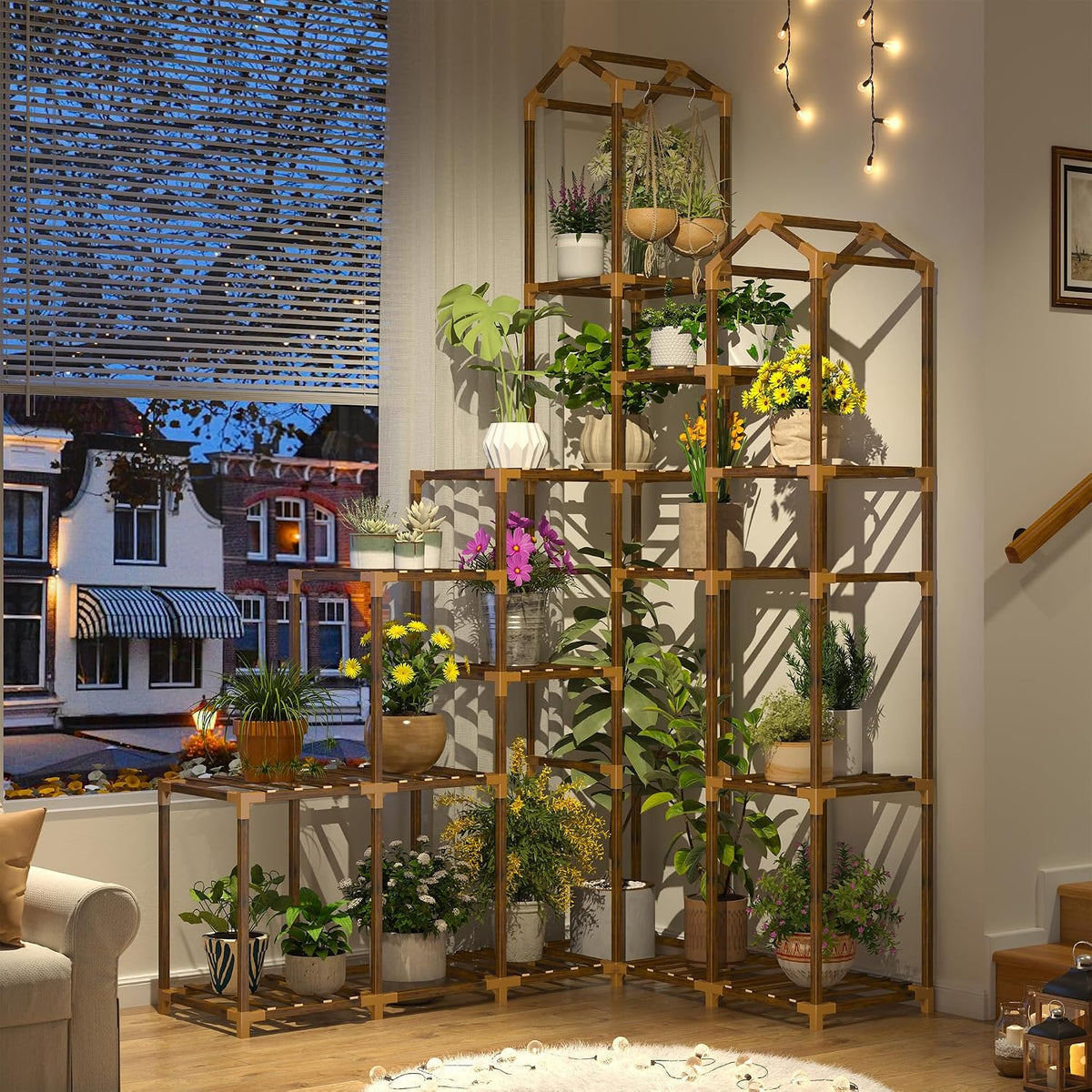 enhomee 73.6" tall plant stand, wood shelf for shown in use