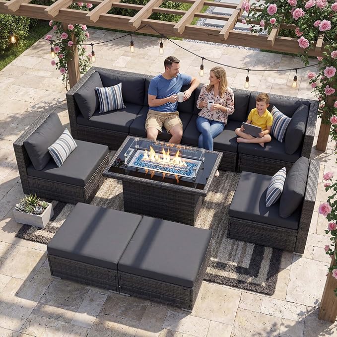NICESOUL 8 Seater Outdoor Patio Furniture Sectional Sets with Firepits Table Natural Gas Propane, 29.3'' High Back Comfy Wicker Conversation, 9 Piece Deep Wide Modern Modular Sofa for Backyard, Grey