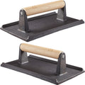 Pro Grade, Pre Seasoned Cast Iron Grill Weight 2Pk. Heavy Duty Steak and Burger Press with Wooden Handle for Grills, Griddles and Flattops. Perfect Gadget for Bacon, Paninis, Sandwiches and Vegetables
