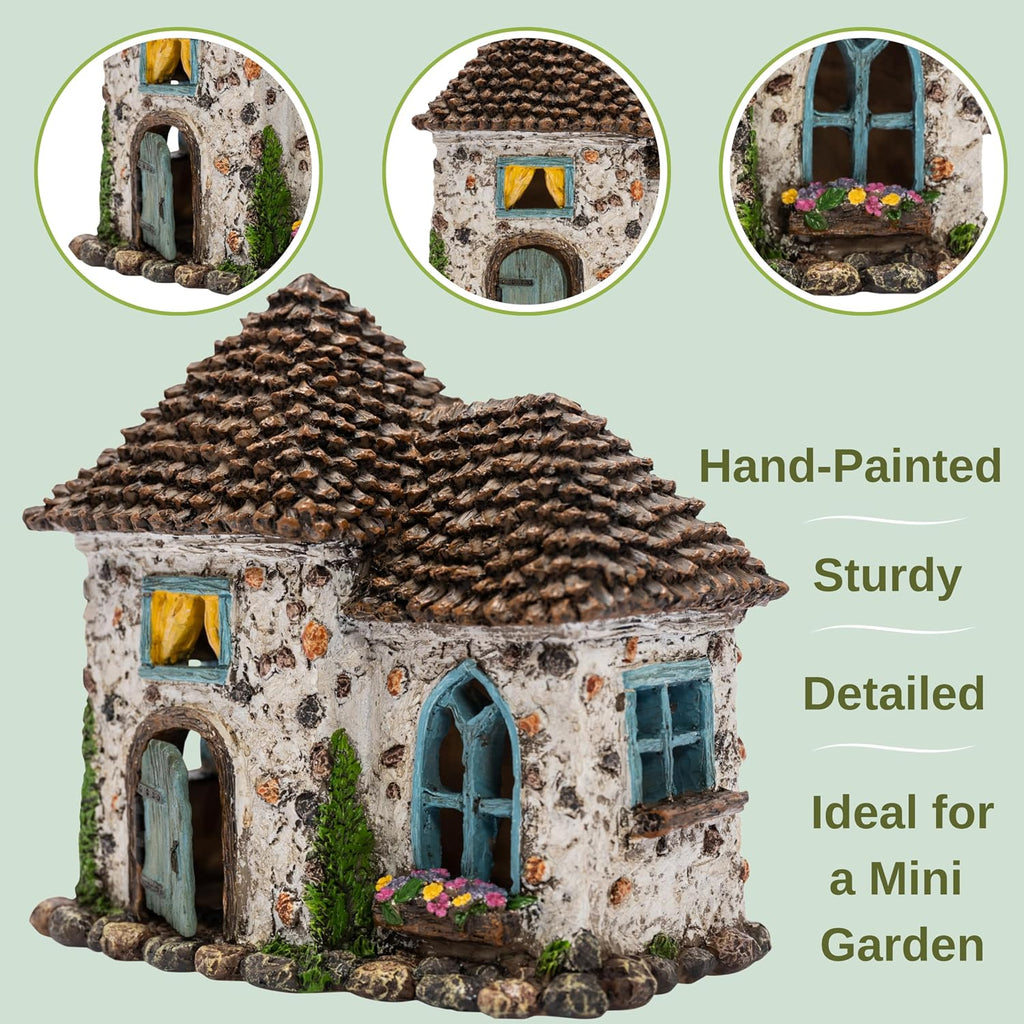 Fairy Garden House Kit & Sign | Hand-painted resin pinecone roof design; 2 fairies included; door opens; 6 inches high; outdoor indoor miniature decor