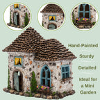 Fairy Garden House Kit & Sign | Hand-painted resin pinecone roof design; 2 fairies included; door opens; 6 inches high; outdoor indoor miniature decor