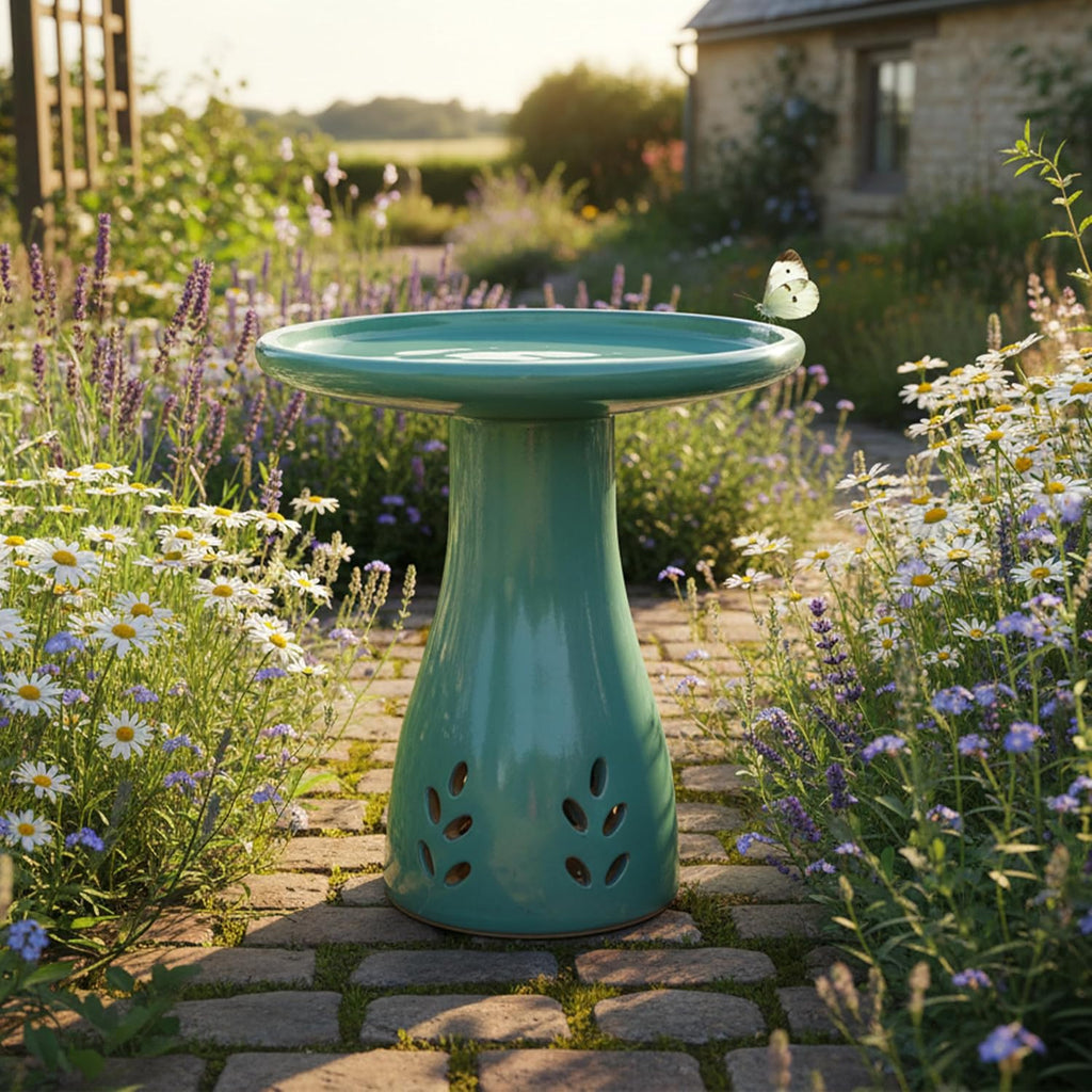 Sunnydaze Hand-Painted Ceramic Outdoor Bird Bath for Garden, 21” H, Seafoam | UV & Frost-Resistant Mineral Glazed Finish, 1 Gal Water Cap, Easy Assembly, Pedestal Bird Bath for Outside, Ceramic Birdbath