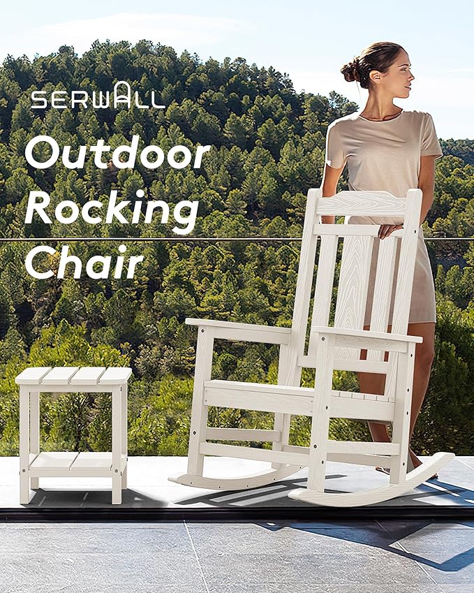 SERWALL Oversized Rocking Chair Outdoor, HDPE Outdoor Rocking Chair, White