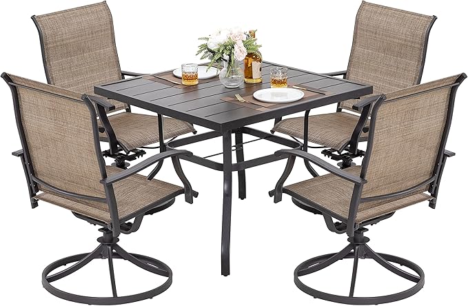 NUU GARDEN Outdoor Patio Dining Set, 4 Swivel Textilene Dining Chairs and 37" Square Dining Table with 1.57'' Umbrella Hole, Powder Coated Iron Frame, for Patio, Garden, Backyard, Black and Brown