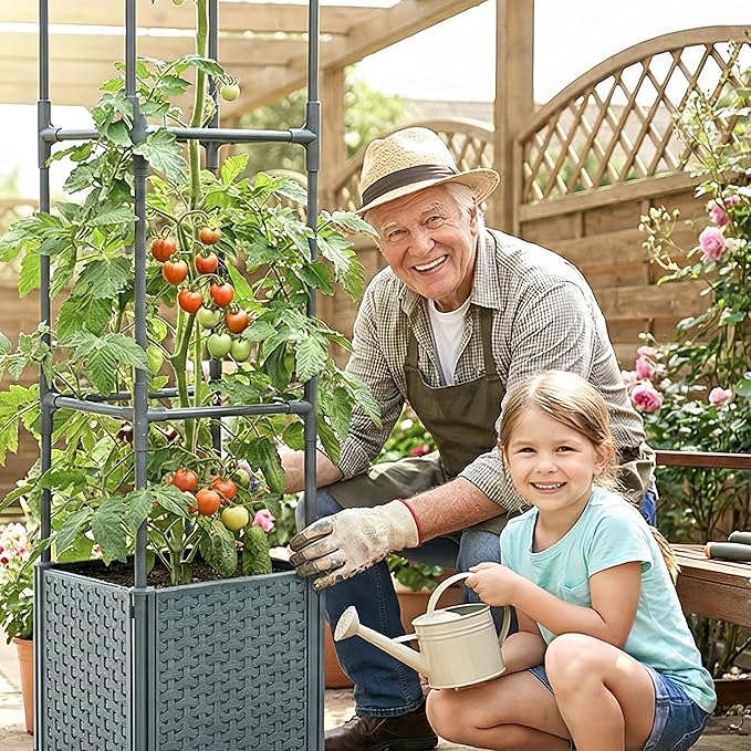 Raised Garden Bed with Tomato Planter Cage, 67.6" Trellis Planter Boxes with Wheels for Outdoor Patio Greenhouse Gardening Climbing Vegetables