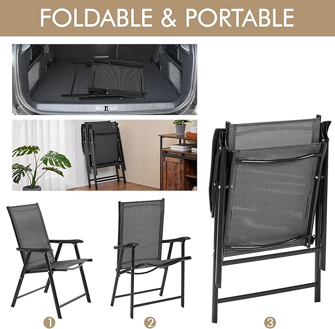 Yaheetech Patio Dining Chairs Set of 2 with Armrests, Outdoor Folding Chairs with Metal Frame and Backrest for Lawn, Garden, Yard and Poolside, Black