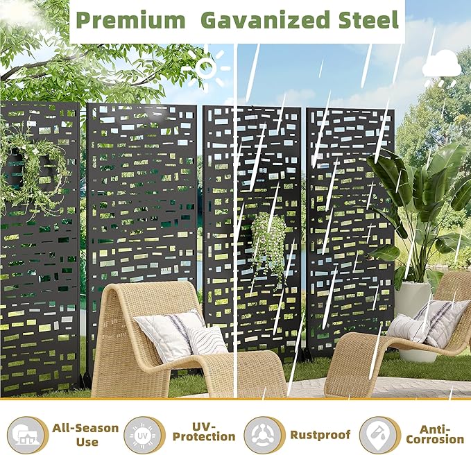 Casaphoria Metal Privacy Screen Outdoor, 72" H x 47" W Freestanding Decorative Privacy Screen for Patio Deck Balcony Garden with Stable Base, Black-Gerald