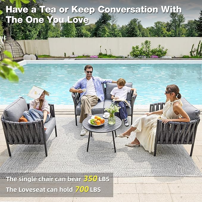 4 Piece Patio Furniture Set, Modern Patio Conversation Set, Outdoor Furniture with Table, Outdoor Sofa with Washable and High-Resiliency Sponge Cushions, Grey