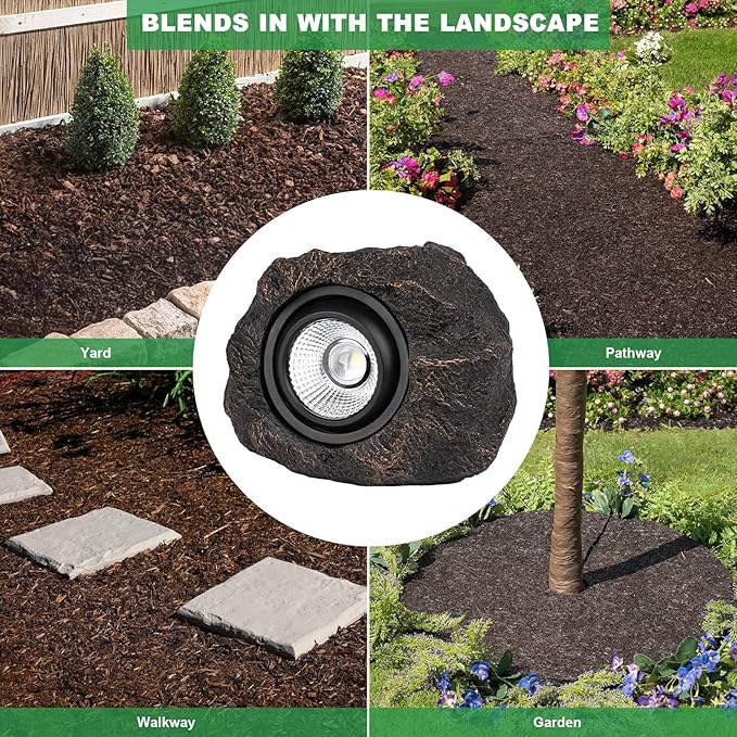 Solar Rock Lights Outdoor – 4 Pack Waterproof LED Landscape Garden Spotlights, Realistic Stone Design, Wireless Solar Powered Pathway Lights for Yard, Walkway, Patio & Lawn Decoration (Auto On/Off)