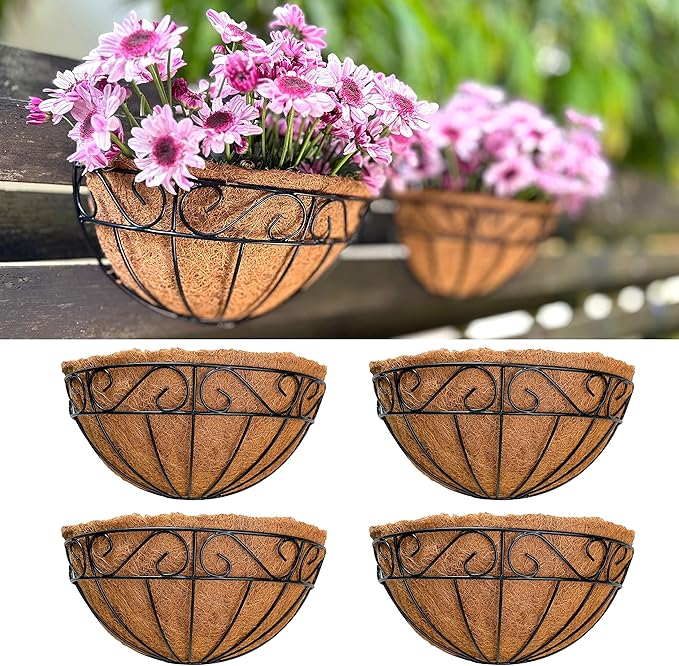 LaLaGreen 16 Inch Wall Mounted Flower Baskets, 4 Pack, Large Railing Planter Deck Rail Hanging Plant Pots Holders with Coco Liner Outdoor, Metal Herb Fence Porch Balcony Garden Patio Window Box Trough