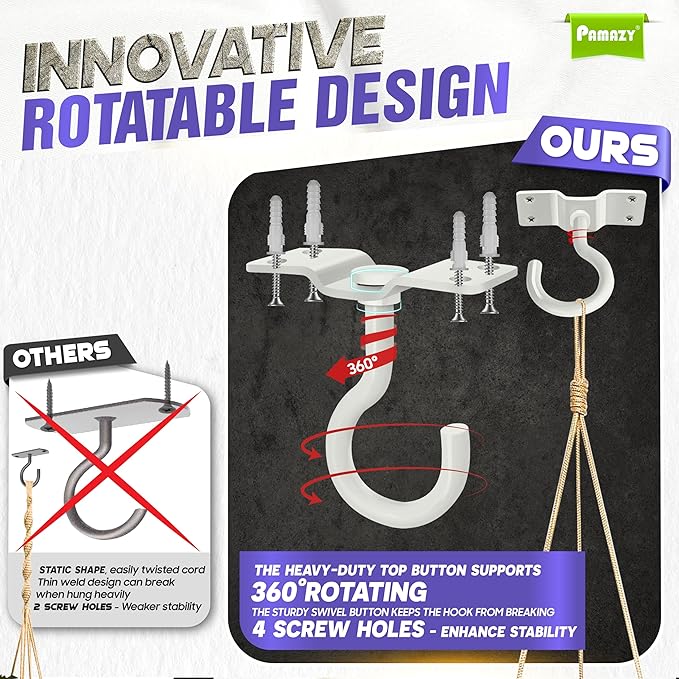 [UPGRADED] 200LBS 8Pcs Rotatable Ceiling Hooks with 4 Screw Points Plate Base, White Wall Mount Metal Hanger for Hanging Plants, Bird Feeders, Lanterns, Lights, Wind Chimes, Indoor Outdoor Decor