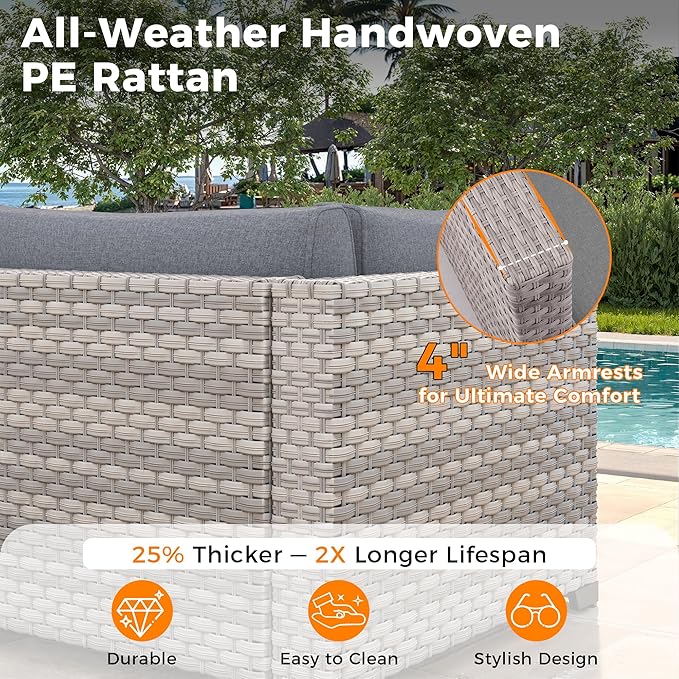 12-Seat Modular Patio Furniture Set – Outdoor Wicker Sectional Sofa with Thick 4″ Cushions, Dual-Strand PE Rattan, Rust-Resistant 18 mm Steel Frame, Backyard Garden Deck Lounge,Gray