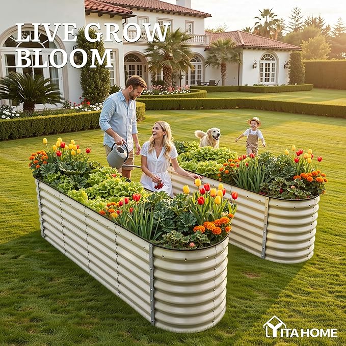 YITAHOME 24" Tall 9 in 1 Large Raised Garden Bed Kit, 8x4x2ft Galvanized Metal Planter Box with Gloves and Safety Rubber, Outdoor Above Ground Planters for Plants Vegetables Flowers, White
