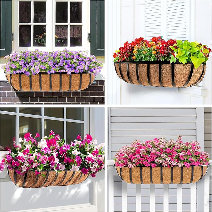 4pcs 24" Window Box Deck Railing Planter with Coco Liner, Metal Hanging Flower Planter Window Basket, Wall Planters Boxes with Horse Trough Coco Liner for Outdoor Indoor Balcony Porch Fence