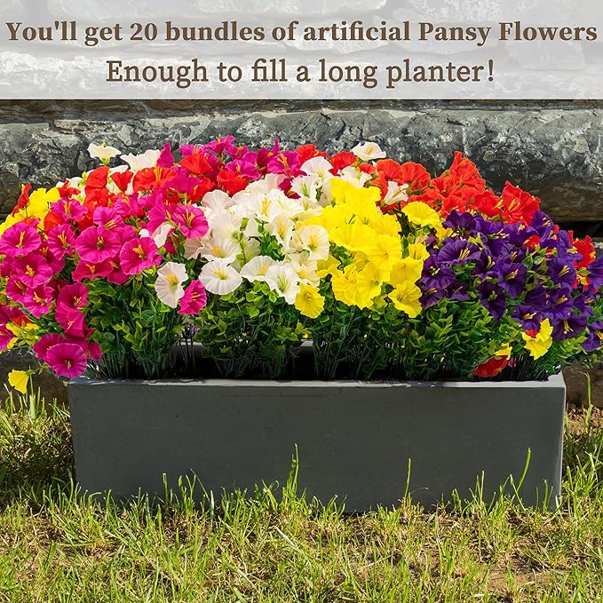 20PCS Artificial Fake Flowers for Outdoors/Indoors, Faux Silk Colorful Morning Glory with Eucalyptus, UV Resistant Realistic Floral Arrangement for Garden Porch Window Box Home Balcony Yard (5 Colors)