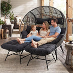 NICESOUL Luxury Double Egg Chair with Footrest & Cushions, Two Person Wicker Eggshell Chair Large with Ottoman, 2 Person Loveseat Comfort Deep Seating for Interiors Exteriors Balcony Dark Gray