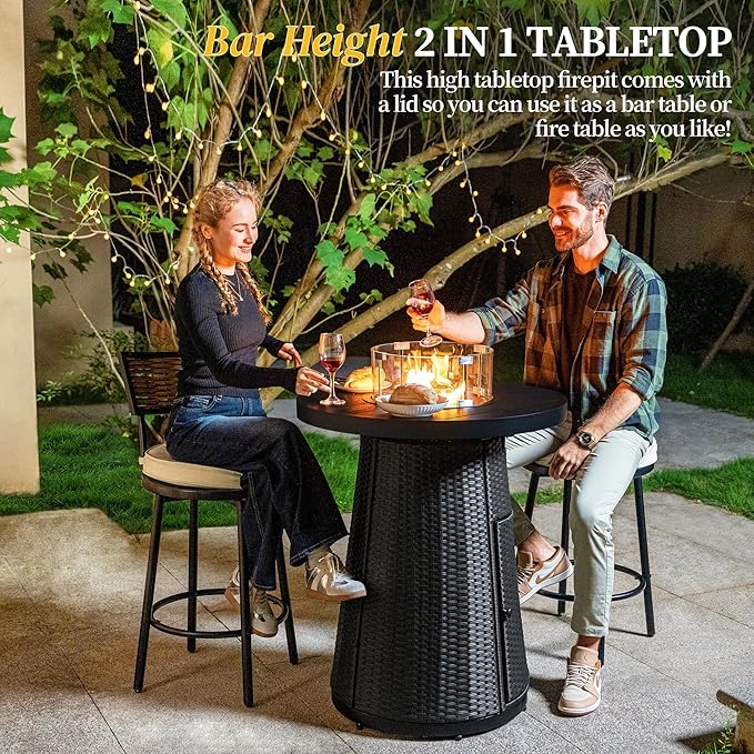PIZZELLO 5-Piece Patio Swivel Bar Set with 37" Height Propane Round Firepit Table and High Swivel Stools Chair Set of 4, Outdoor High Top Bistro Set for Poolside, Garden, Balcony(Black)