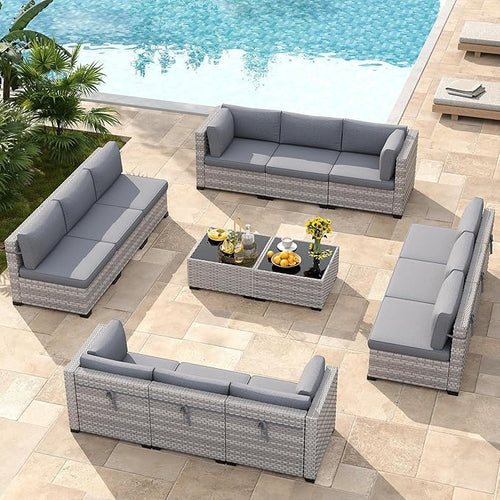 12-Seat Modular Patio Furniture Set – Outdoor Wicker Sectional Sofa with Thick 4″ Cushions, Dual-Strand PE Rattan, Rust-Resistant 18 mm Steel Frame, Backyard Garden Deck Lounge,Gray