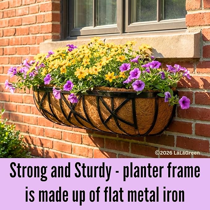 LaLaGreen 36 Inch, 2 Pack Window Boxes Planters – Large Black Metal Window Boxes for Outdoor Plant, Wall Mount Flower Pot with Coco Liner, Attach to House Fence Balcony Herb for Patio Porch Garden