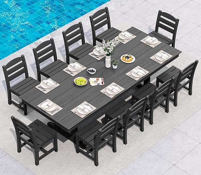 SERWALL 11 Piece Outdoor Dining Set, 84" HDPE Outdoor Table and Chairs for 10，All Weather Patio Furniture Set with Umbrella Hole for Backyard, Garden, Black