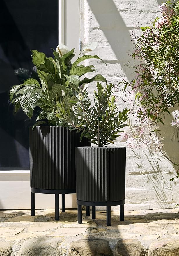 Veradek Demi Series Round Planter w/Stand for Porch/Patio | Durable Plastic-Stone Composite & Wooden Stand | Modern Décor for Tall Plants, Flowers