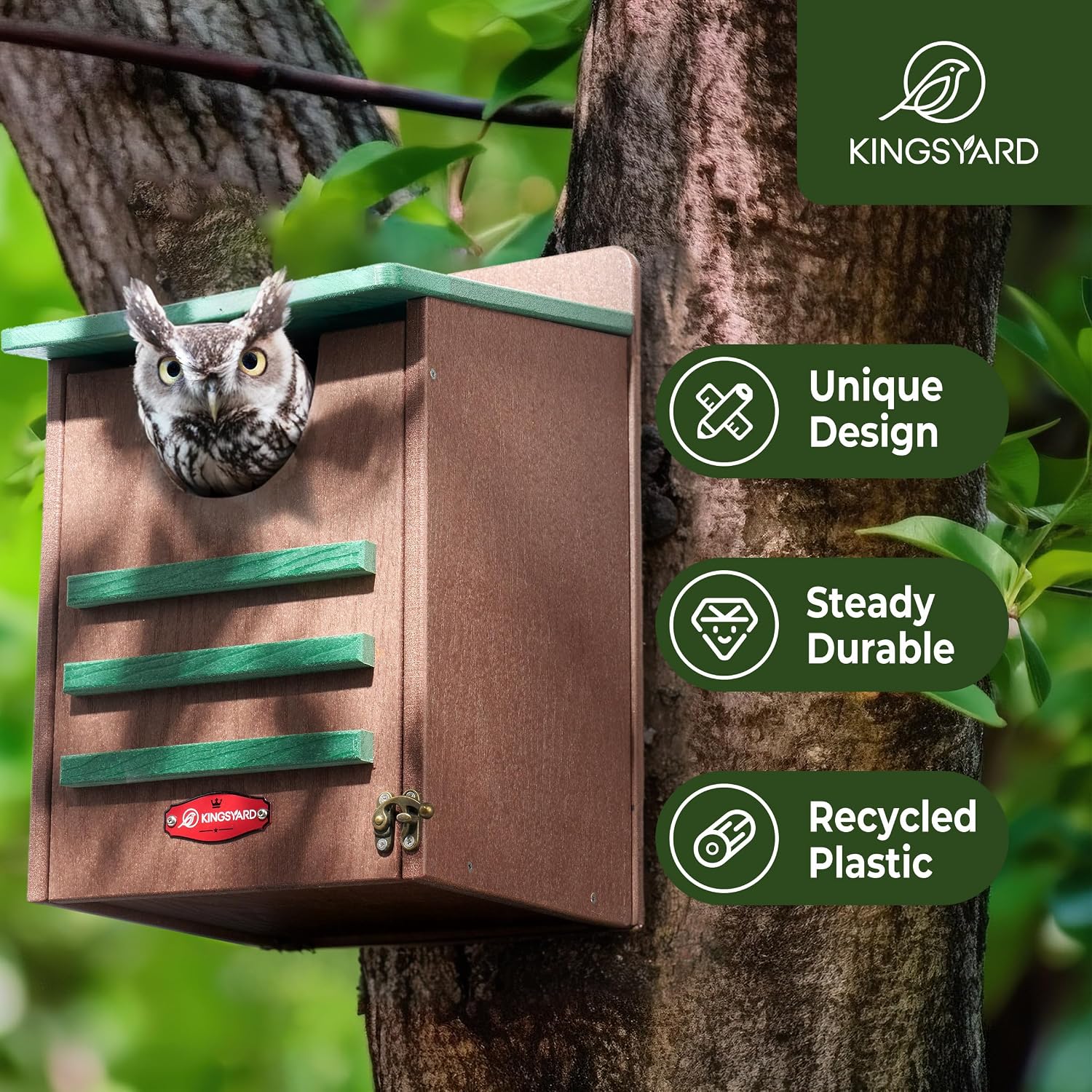 Kingsyard Large Recycled Plastic Wooden Owl House, Waterproof Screech Owl Bird Boxes for Outside, Owl Nesting Box Kit with Screws Ideal for Wildlife, Elf, Pygmy, Garden, Air Ventilation. Green